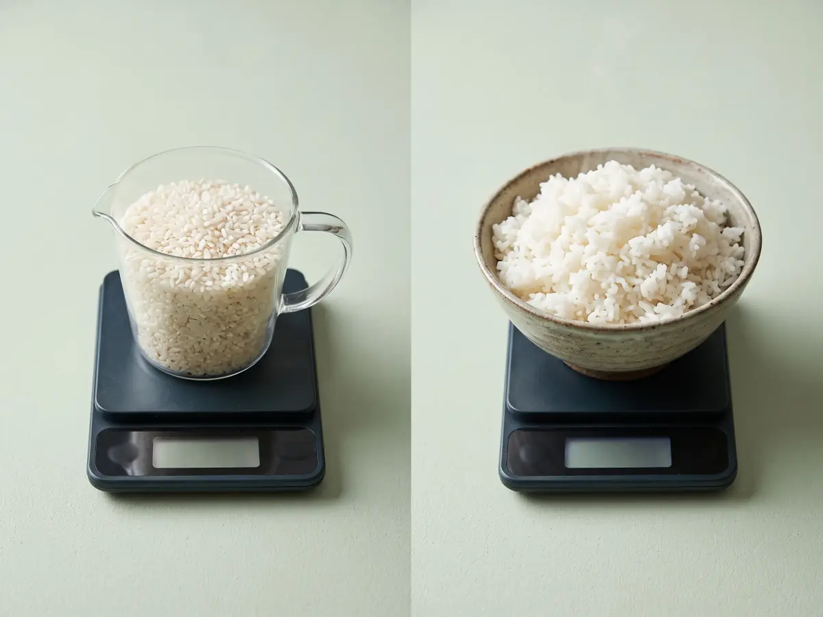 Du riz cru dans un verre doseur à gauche et le même riz cuit dans un bol à droite, chacun sur une balance de cuisine