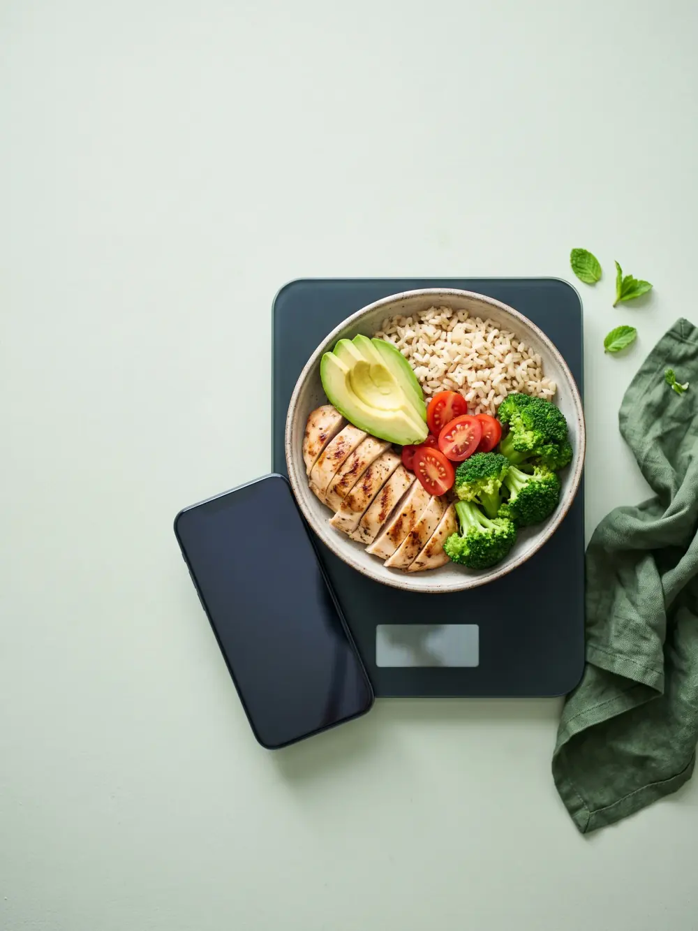 Un bol de poulet grillé, riz, avocat, tomates et brocoli posé sur une balance de cuisine, à côté d'un téléphone