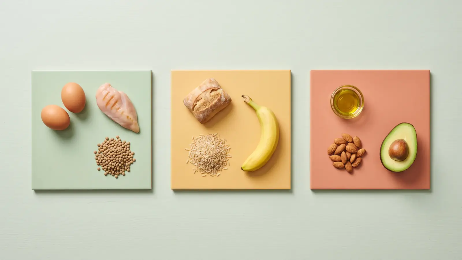 Protéines, glucides et lipides rangés sur trois tuiles de couleur : œufs, poulet et lentilles ; pain, riz et banane ; huile d'olive, amandes et avocat